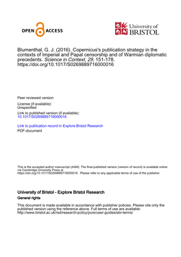 Copernicus's Publication Strategy in the Contexts of Imperial and Papal Censorship and of Warmian Diplomatic Precedents