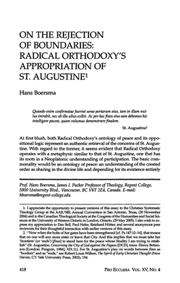 On the Rejection of Boundaries: Radical Orthodoxy's Appropriation of St. Augustine1