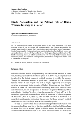 Hindu Nationalism and the Political Role of Hindu Women: Ideology As a Factor