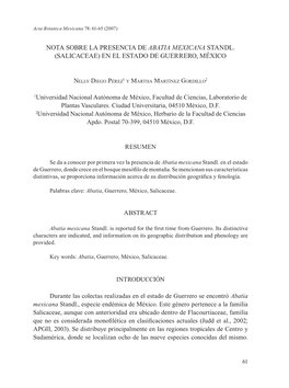 Nota Sobre La Presencia De Abatia Mexicana Standl. (Salicaceae) En El Estado De Guerrero, México