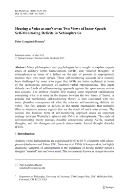 Two Views of Inner Speech Self-Monitoring Deficits in Schizophrenia