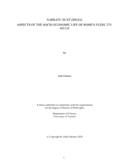 Narratu Sunt Digna: Aspects of the Socio-Economic Life of Rome's Plebs, 275- 455 Ce