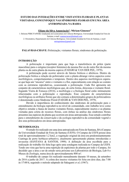 Estudo Das Interações Entre Visitantes Florais E Plantas Visitadas, Com Enfoque Nas Síndromes Florais Em Uma Área Antropizada Na Bahia