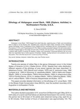 Ethology of Holopogon Snowi Back, 1909 (Diptera: Asilidae) in Northeastern Florida, U.S.A