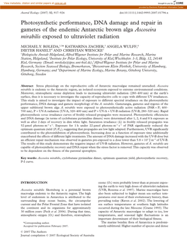 Photosynthetic Performance, DNA Damage and Repair in Gametes of the Endemic Antarctic Brown Alga Ascoseira Mirabilis Exposed to Ultraviolet Radiation