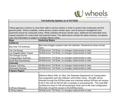 State Authority Status Bay Area Toll Authority Bay Area Bridges Suspend Cash Toll Collection. All-Electronic Lanes Remain Open
