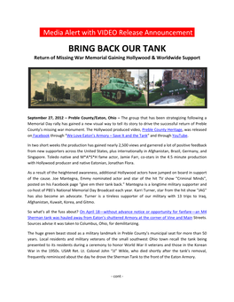 BRING BACK OUR TANK Return of Missing War Memorial Gaining Hollywood & Worldwide Support