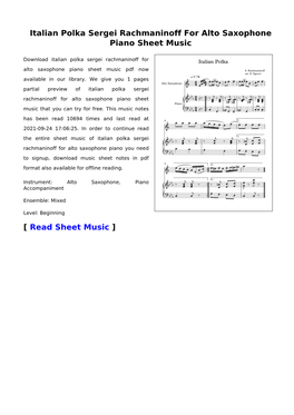 Italian Polka Sergei Rachmaninoff for Alto Saxophone Piano Sheet Music