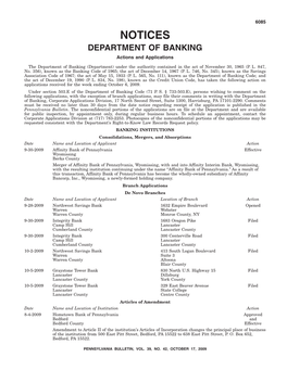 NOTICES DEPARTMENT of BANKING Actions and Applications