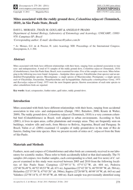 Mites Associated with the Ruddy Ground Dove, Columbina Talpacoti (Temminck, 1810), in São Paulo State, Brazil