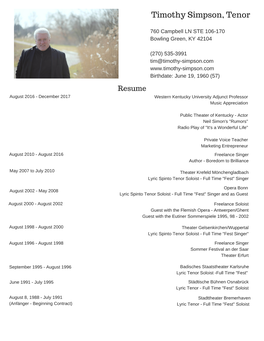 Timothy Simpson, Tenor Resume