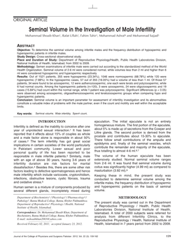 Seminal Volume in the Investigation of Male Infertility Mohammad Shoaib Khan1, Rafat Ullah2, Fahim Tahir3, Mohammad Ashraf4 and Mohammad Sajjad5