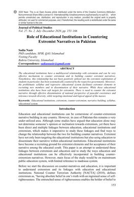 Role of Educational Institutions in Countering Extremist Narratives in Pakistan