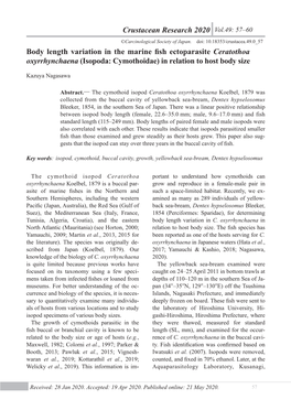 Crustacean Research 49 BODY LENGTH VARIATION in CYMOTHOID