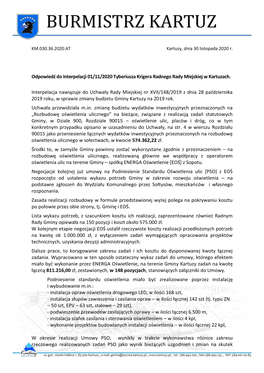 Odpowiedź Do Interpelacji 01/11/2020 Tyberiusza Krigera Radnego Rady Miejskiej W Kartuzach