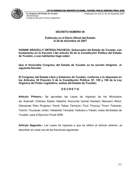 Ley De Ingresos Del Municipio De Izamal, Yucatán, Para El Ejericicio Fiscal 2008 H