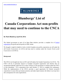 Blumbergs' List of Canada Corporations Act Non-Profits That