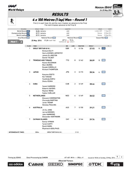 RESULTS 4 X 100 Metres (1 Lap) Men - Round 1 First 2 in Each Heat (Q) and the Next 2 Fastest (Q) Advance to the Final the Next 8 Fastest Advance to the Final B