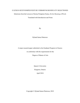 E LEXICO SEXTI POMPEII FESTI DE VERBORVM SIGNIFICATV SELECTIONES Selections from the Lexicon of Sextus Pompeius Festus, on the M