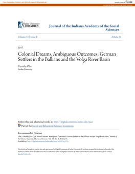 German Settlers in the Balkans and the Volga River Basin Timothy Olin Purdue University