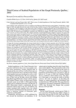 Third Census of Seabird Populations of the Gaspé Peninsula, Québec, 2002