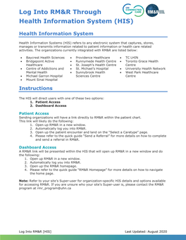 Log Into RM&R Through Health Information System (HIS)