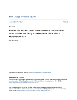Pancho Villa and the Junta Constitucionalista: the Role of an Urban Middle-Class Group in the Formation of the Villista Movement in 1913