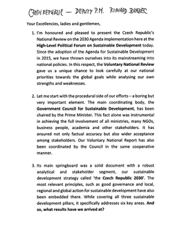 Czech Republic's National Review on the 2030 Agenda Implementation Here at the High-Level Political Forum on Sustainable Development Today