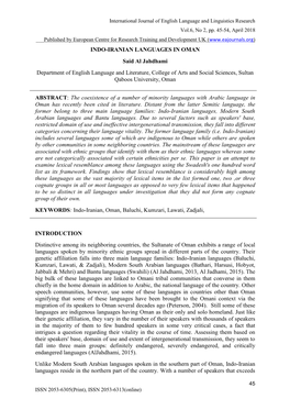 INDO-IRANIAN LANGUAGES in OMAN Said Al Jahdhami Department of English Language and Literature, College of Arts and Social Sciences, Sultan Qaboos University, Oman