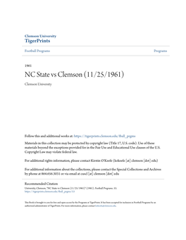 NC State Vs Clemson (11/25/1961) Clemson University