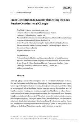From Constitution to Law: Implementing the 2020 Russian Constitutional Changes