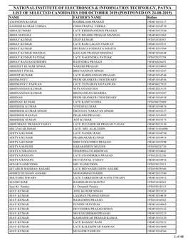 National Institute of Electronics & Information Technolgy, Patna List of Selected Candidates for October 2019 (Postponed On