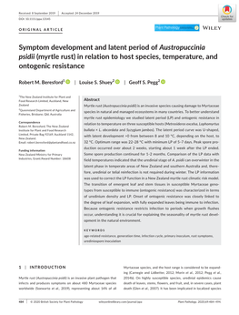 Symptom Development and Latent Period of Austropuccinia Psidii (Myrtle Rust) in Relation to Host Species, Temperature, and Ontogenic Resistance