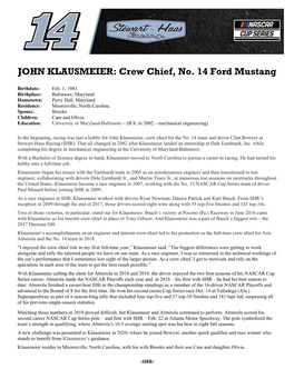 JOHN KLAUSMEIER: Crew Chief, No