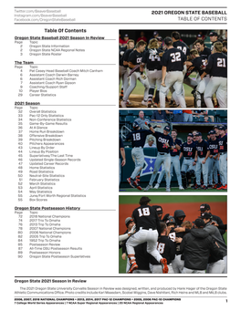 2021 OREGON STATE BASEBALL TABLE of CONTENTS Table Of