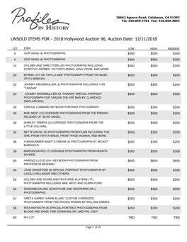 UNSOLD ITEMS for - 2018 Hollywood Auction 96, Auction Date: 12/11/2018