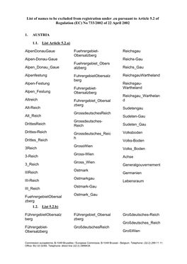 List of Names to Be Excluded from Registration Under .Eu Pursuant to Article 5.2 of Regulation (EC) No 733/2002 of 22 April 2002