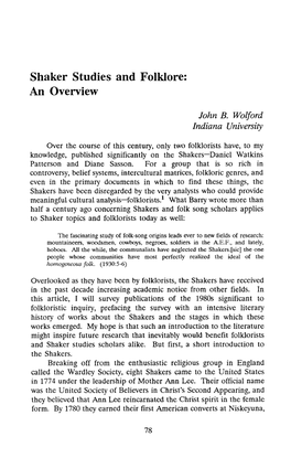 Shaker Studies and Folklore: an Overview