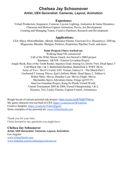 Chelsea Jay Schoonover Artist, UE4 Generalist: Cameras, Layout, Animation