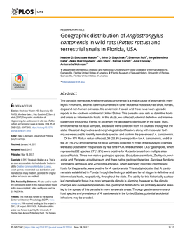 Geographic Distribution of Angiostrongylus Cantonensis in Wild Rats (Rattus Rattus) and Terrestrial Snails in Florida, USA