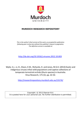 Exotic and Indigenous Viruses Infect Wild Populations and Captive Collections of Temperate Terrestrial Orchids (Diuris Species) in Australia