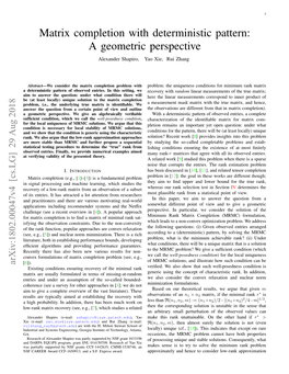 Matrix Completion with Deterministic Pattern: a Geometric Perspective Alexander Shapiro, Yao Xie, Rui Zhang