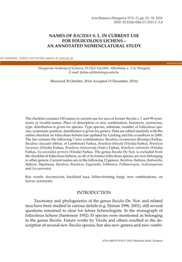 Names of Bacidia Sl in Current Use for Foliicolous