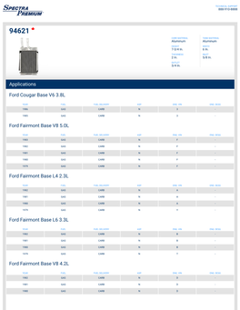 Applications Ford Cougar Base V6 3.8L Ford Fairmont Base V8 5.0L Ford