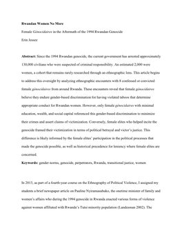 Rwandan Women No More Female Génocidaires in the Aftermath of the 1994 Rwandan Genocide Erin Jessee Abstract