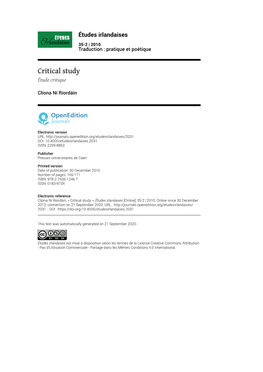 Études Irlandaises, 35-2 | 2010 Critical Study 2