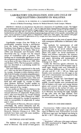 Laboratory Colonization and Life Cycle of Coquillettidia Crassipes in Malaysia