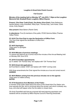 Page 1 of 8 Loughton & Great Holm Parish Council Full Council Minutes of the Meeting Held on Monday 18 July 2016, 7:30Pm At