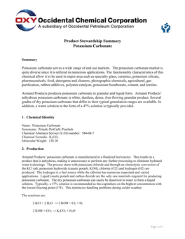 Product Stewardship Summary Potassium Carbonate