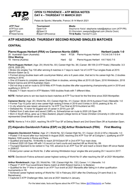 Atp Head2head: Thursday Second Round Singles Matches